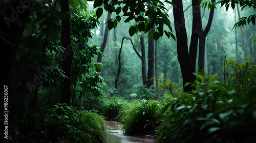 A lush green forest during a light rain shower, with raindrops dripping off leaves and creating small puddles on the forest floor. The scene is filled with earthy tones and a refreshing ambiance, high