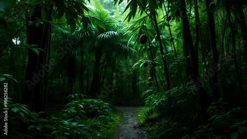 Wallpaper Mural A lush green forest during a light rain shower, with raindrops dripping off leaves and creating small puddles on the forest floor. The scene is filled with earthy tones and a refreshing ambiance, high Torontodigital.ca