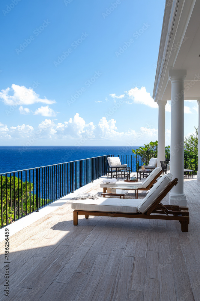 Relaxing lounge area with ocean view on a sunny day overlooking the horizon from a beautiful terrace Relaxing lounge area with ocean view on a sunny day overlooking the horizon from a beautiful terrace