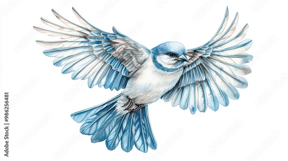 Fototapeta premium A bluebird in mid-flight, showcasing its vibrant feathers against a white isolated background.