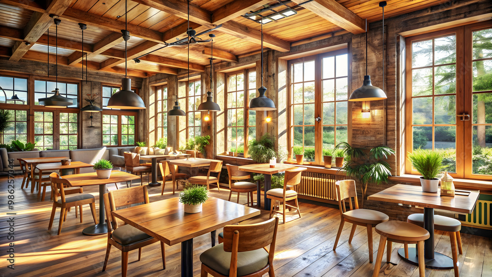 Cozy caf? interior with rustic wooden furniture and large windows allowing natural light to flood the space, cozy Cozy caf? interior with rustic wooden furniture and large windows allowing natural light to flood the space, cozy