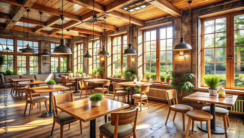 Cozy caf? interior with rustic wooden furniture and large windows allowing natural light to flood the space, cozy