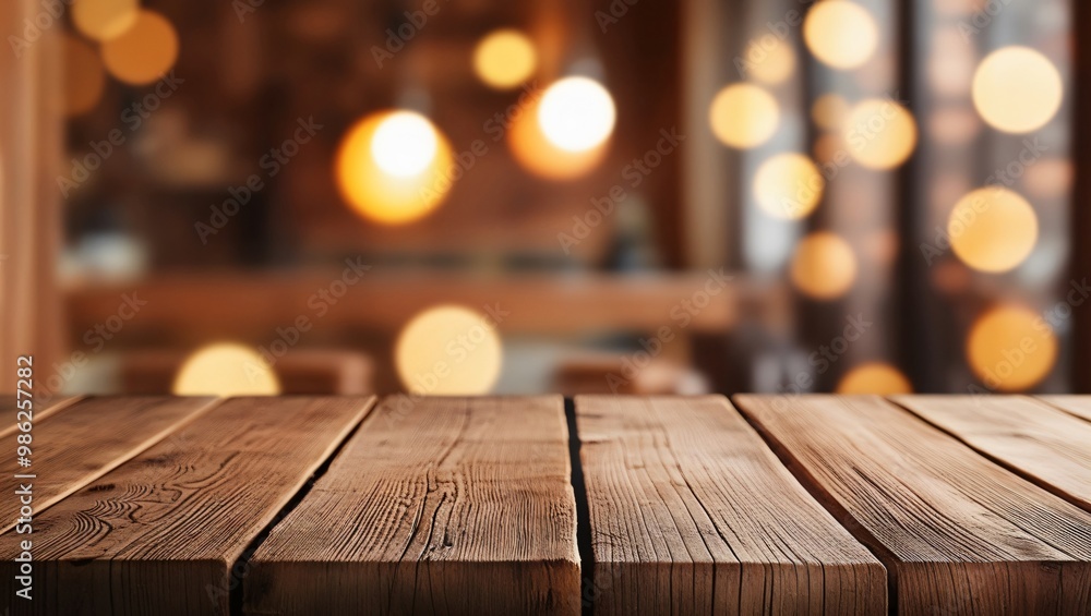 Warm-toned photograph of a rustic wooden table with textured surface and blurred cozy background featuring circular bokeh lights, inviting atmosphere, generative ai Warm-toned photograph of a rustic wooden table with textured surface and blurred cozy background featuring circular bokeh lights, inviting atmosphere, generative ai