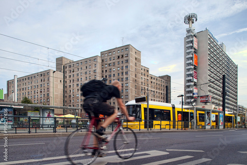 Berlin, Germany, July 21 2009, Cyclist Rides Along Karl-Liebknecht Street in Berlin During the Evening