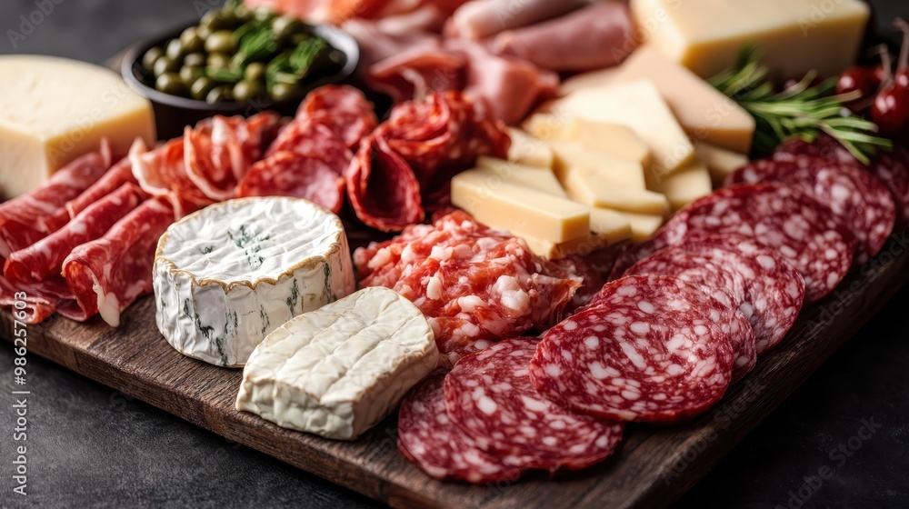 A delectable charcuterie board is arranged with a variety of meats and cheeses, including salami, prosciutto, and brie, garnished with herbs and olives for an appetizing display. A delectable charcuterie board is arranged with a variety of meats and cheeses, including salami, prosciutto, and brie, garnished with herbs and olives for an appetizing display.