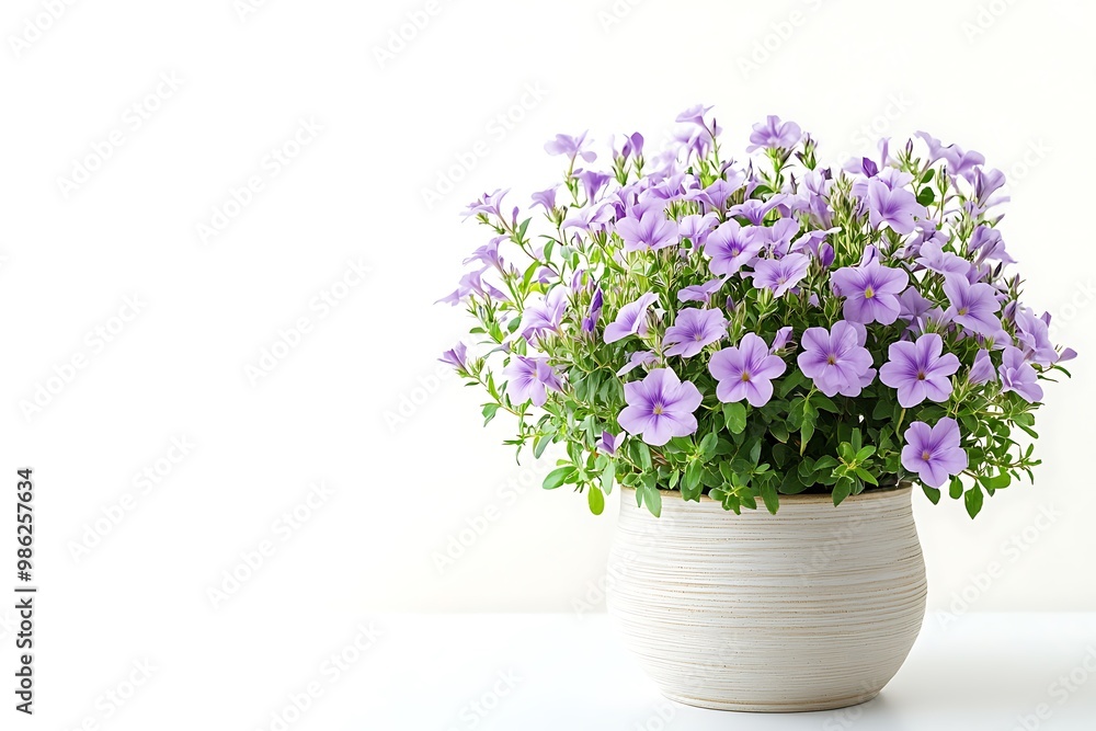 Purple Petunias in a White Pot Against a White Background Purple Petunias in a White Pot Against a White Background