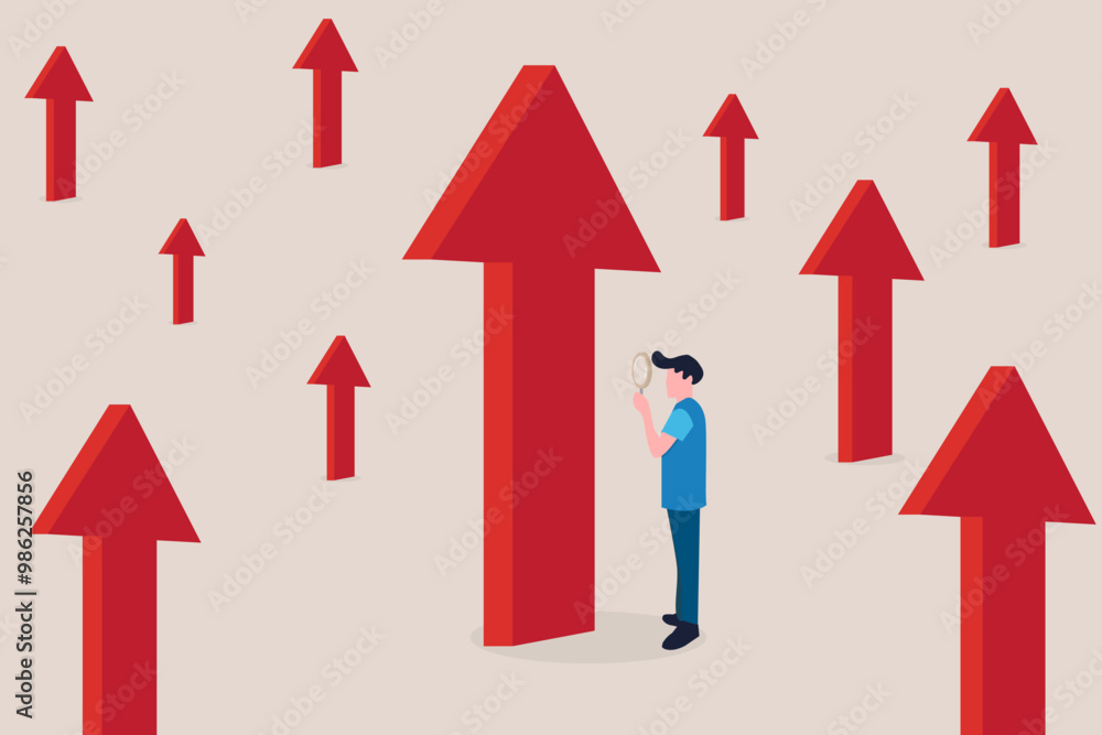 Businessman with magnifying glass looking for red arrow growing. concept of career growth, opportunity, and success Businessman with magnifying glass looking for red arrow growing. concept of career growth, opportunity, and success