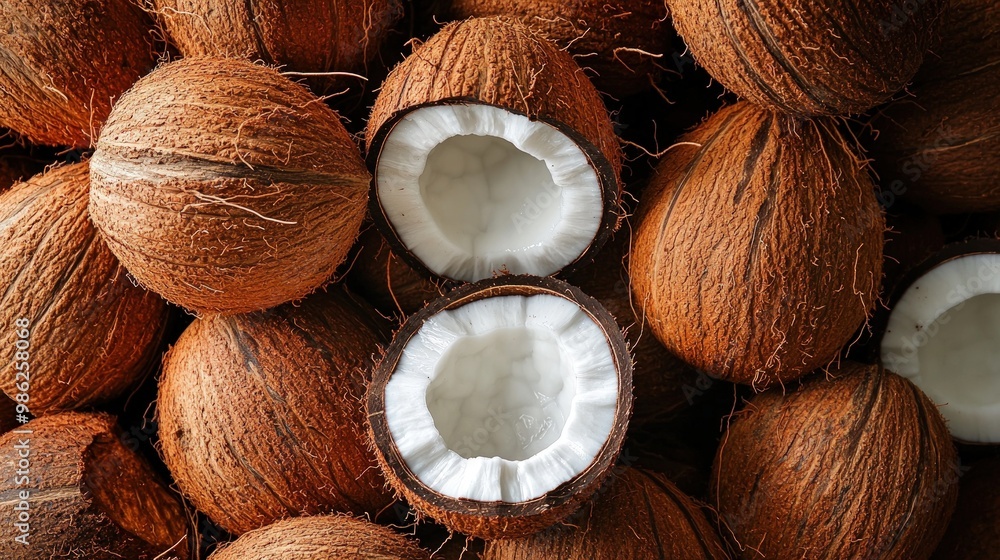 Close-up of whole and halved coconuts. Close-up of whole and halved coconuts.