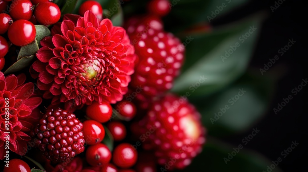 An artistic close-up image showcasing vibrant red flowers and berries in a harmonious arrangement, reflecting nature's beauty and elegance with a sense of freshness. An artistic close-up image showcasing vibrant red flowers and berries in a harmonious arrangement, reflecting nature's beauty and elegance with a sense of freshness.