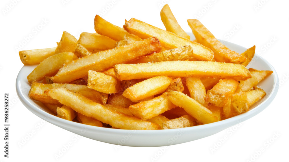 Plate of crispy French fries isolated on transparent background, PNG file, golden and delicious Plate of crispy French fries isolated on transparent background, PNG file, golden and delicious