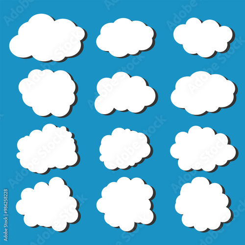 white vector cloud shape set design on blue background 