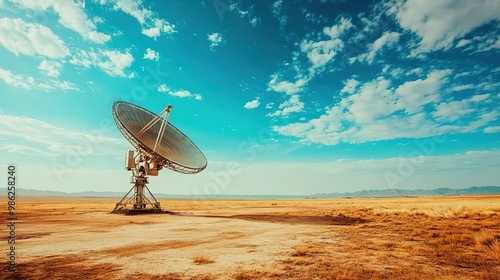 A large satellite dish stands alone in a vast desert landscape under a bright blue sky with scattered clouds. photo