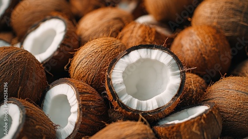 A close-up shot of a pile of whole and halved coconuts.