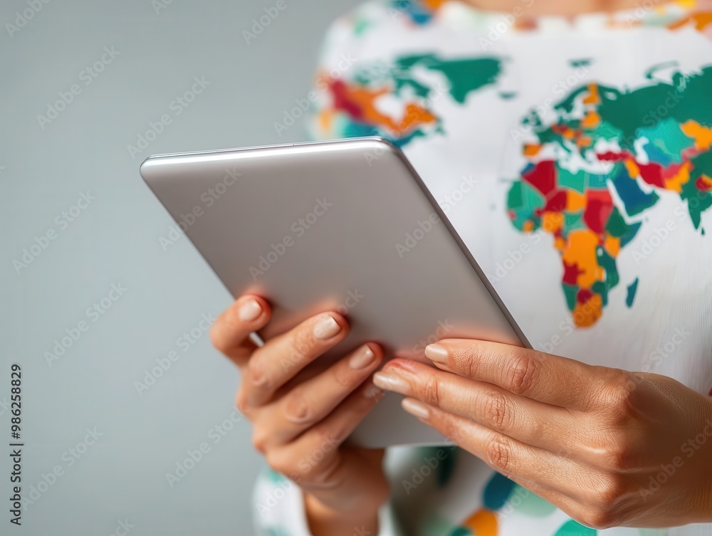 Woman using digital tablet with global bonds data, bonds, international finance Woman using digital tablet with global bonds data, bonds, international finance