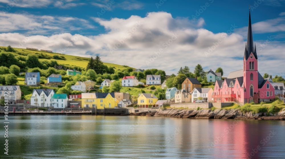 A picturesque coastal village with colorful houses and a prominent church steeple, reflecting in the calm waters under a vibrant blue sky. A picturesque coastal village with colorful houses and a prominent church steeple, reflecting in the calm waters under a vibrant blue sky.