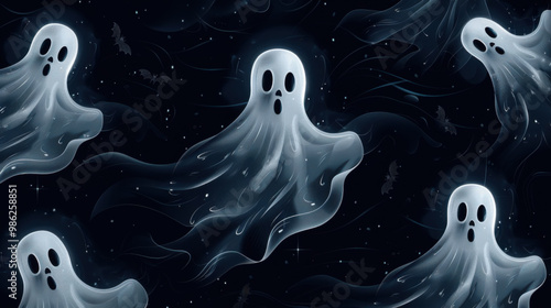 Halloween ghost and boo spirits on a black background. Halloween flying ghosts with scary faces. Place for text.