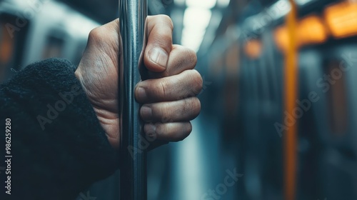 A close-up image shows a hand tightly gripping a metal pole inside a moving subway train, showcasing the daily reality of commuting and the human experience.