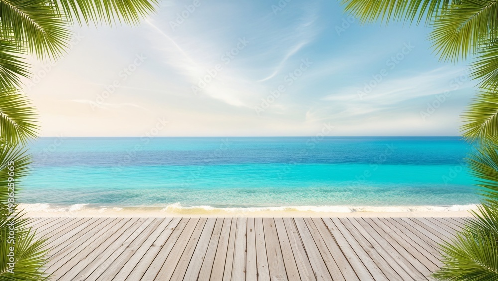 Serene Tropical Beach Landscape with Wooden Deck, Tranquil Turquoise Ocean, Clear Pastel Sky, Framed by Green Palm Fronds, Relaxing Atmosphere, generative ai Serene Tropical Beach Landscape with Wooden Deck, Tranquil Turquoise Ocean, Clear Pastel Sky, Framed by Green Palm Fronds, Relaxing Atmosphere, generative ai