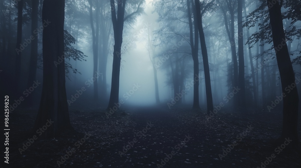 Obraz premium horror fantasy foggy mystery forest, scary scene