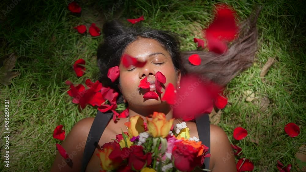 A Woman Surrounded by Beautiful Flower Petals in a Picturesque Natural Setting Outdoors A Woman Surrounded by Beautiful Flower Petals in a Picturesque Natural Setting Outdoors
