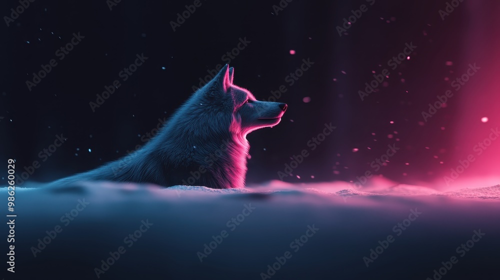 An enchanting image of a wolf in profile, illuminated against a backdrop of vibrant pink and blue lights, creating a surreal and mystical atmosphere full of intrigue and wonder. An enchanting image of a wolf in profile, illuminated against a backdrop of vibrant pink and blue lights, creating a surreal and mystical atmosphere full of intrigue and wonder.