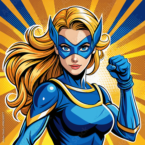 super heroine Wearing a blue mask punching with female superhero costume poster design wall decoration illustration.