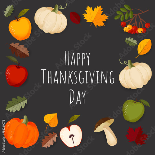 Happy thanksgiving greeting banner design template. Autumn background with pumpkin, apple, and fall leaves. Vector illustration