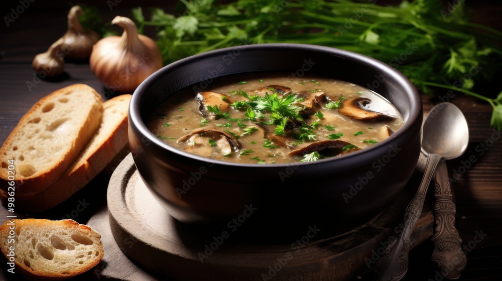 A bowl of hearty mushroom soup garnished with fresh parsley, accompanied by slices of bread, creates a comforting and appetizing scene. A bowl of hearty mushroom soup garnished with fresh parsley, accompanied by slices of bread, creates a comforting and appetizing scene.