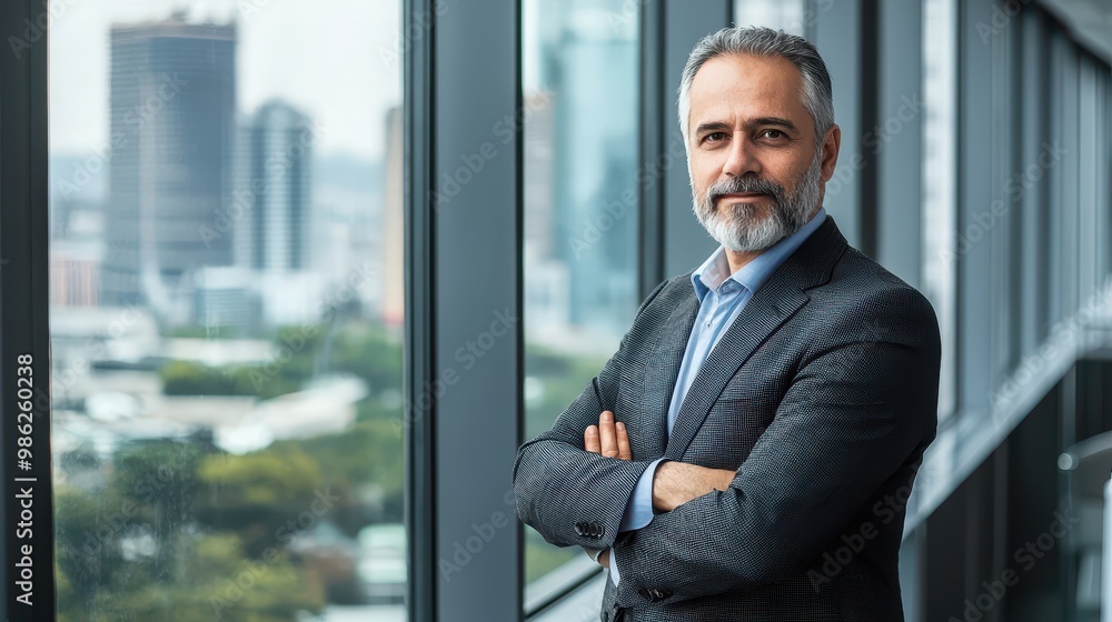 Senior executive in a formal suit, standing by a large office window, looking at the camera. Senior executive in a formal suit, standing by a large office window, looking at the camera.