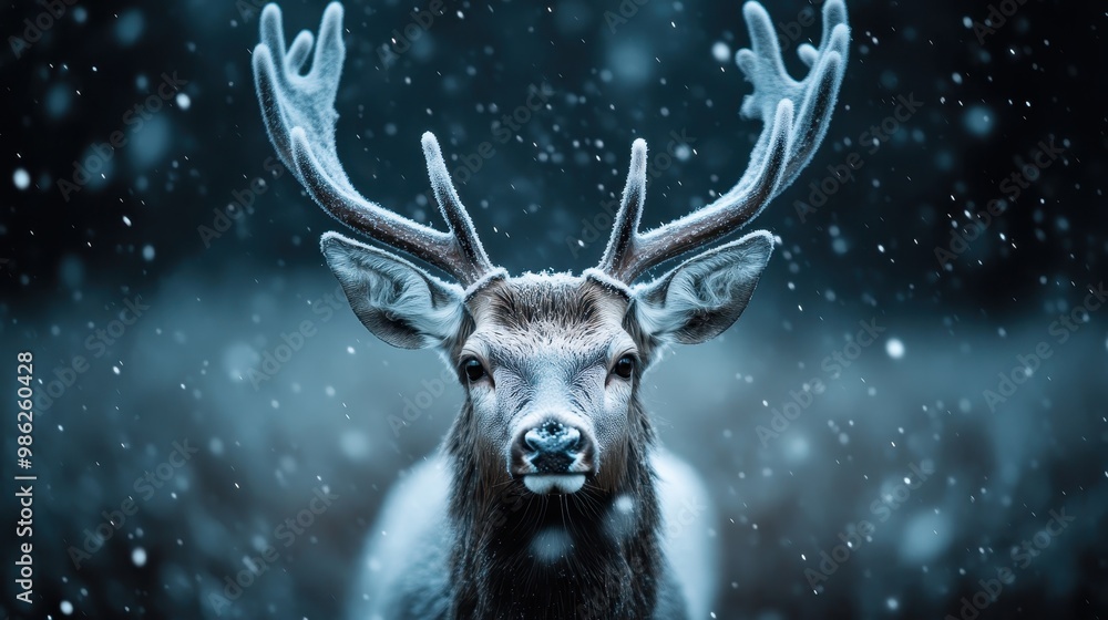 This image captures a close-up of a deer in a snowy environment, highlighting its detailed antlers and soft features, with snowflakes providing a serene winter backdrop. This image captures a close-up of a deer in a snowy environment, highlighting its detailed antlers and soft features, with snowflakes providing a serene winter backdrop.