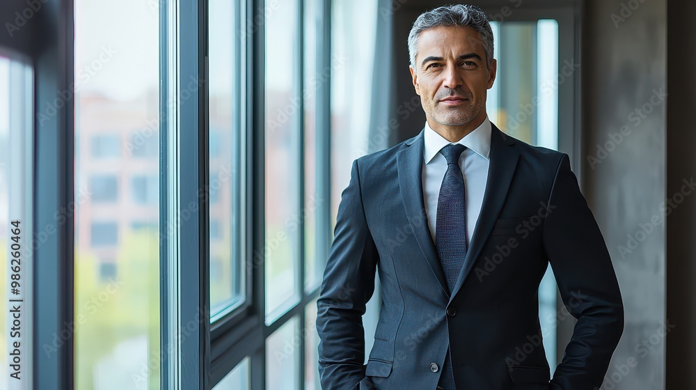 Senior manager in a business suit, standing beside a conference room window, looking confidently at the camera. Senior manager in a business suit, standing beside a conference room window, looking confidently at the camera.