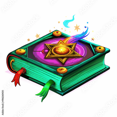 Magical Spellbook with Glowing Star and Colorful Ribbons