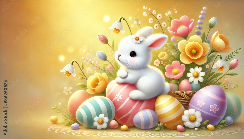Fototapeta premium A playful Easter-themed illustration featuring a cute white bunny sitting among colorful Easter eggs and spring flowers