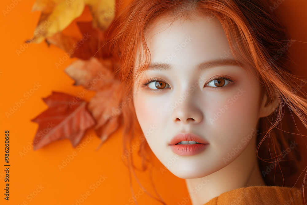 Beautiful fashion portrait of a Korean woman with autumn leaves near her styled red hair, against an orange background Beautiful fashion portrait of a Korean woman with autumn leaves near her styled red hair, against an orange background