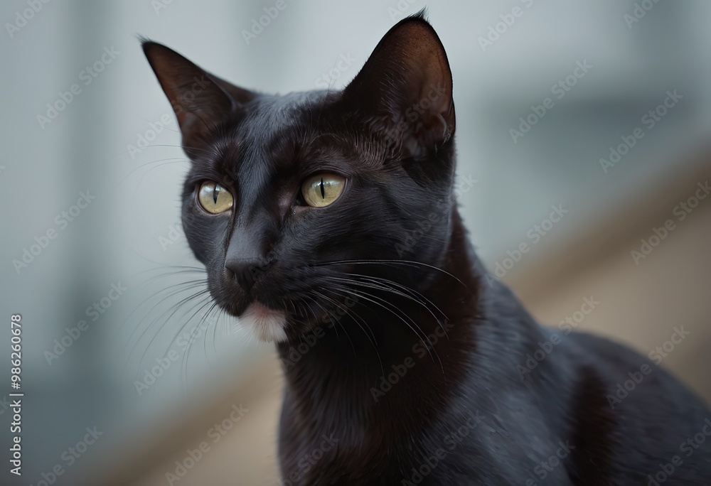A sleek, black cat with striking yellow eyes is standing on a stone ledge
