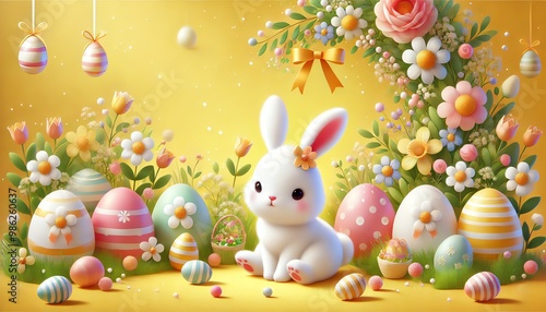 Wallpaper Mural A playful Easter-themed illustration featuring a cute white bunny sitting among colorful Easter eggs and spring flowers Torontodigital.ca