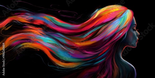 Vibrant Spectrum of Dreams: A Portrait of Colorful Imagination. A woman’s profile with her hair transformed into vibrant, colorful streaks against a black background. 