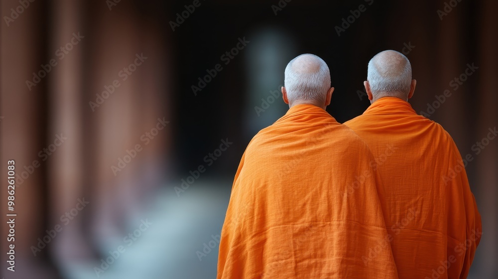 Monks dressed in bright orange robes are captured from behind, walking in a line through a wooden hallway, symbolizing unity, discipline, and a tranquil monastic life. Monks dressed in bright orange robes are captured from behind, walking in a line through a wooden hallway, symbolizing unity, discipline, and a tranquil monastic life.
