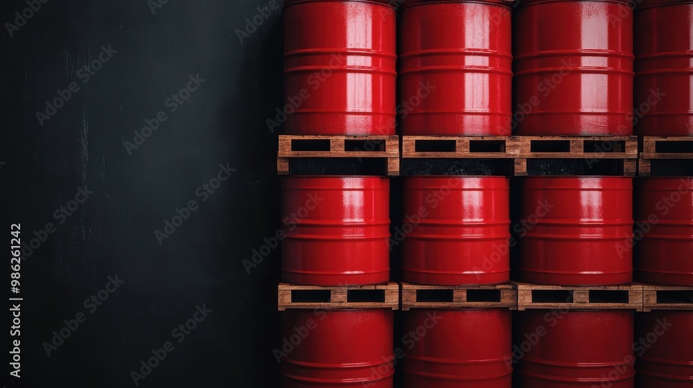 A neatly arranged stack of red oil barrels on wooden pallets inside a warehouse, highlighting organized storage and industrial efficiency in a business environment. A neatly arranged stack of red oil barrels on wooden pallets inside a warehouse, highlighting organized storage and industrial efficiency in a business environment.