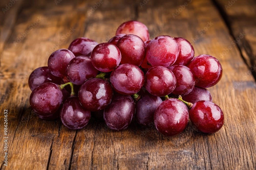 Red Grapes on a wooden background. A cluster of ripe fresh grapes on a wooden table. with generative ai Red Grapes on a wooden background. A cluster of ripe fresh grapes on a wooden table. with generative ai