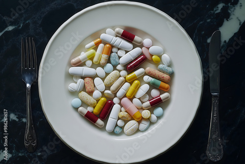 A dinner plate filled with pills instead of food, showing how medicine is being overconsumed as if it were a daily necessity photo