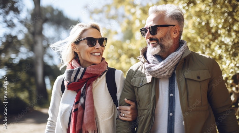 An older couple walks arm in arm, smiling, wearing sunglasses and scarves, enjoying a beautiful sunny day in a park bustling with autumn colors. An older couple walks arm in arm, smiling, wearing sunglasses and scarves, enjoying a beautiful sunny day in a park bustling with autumn colors.