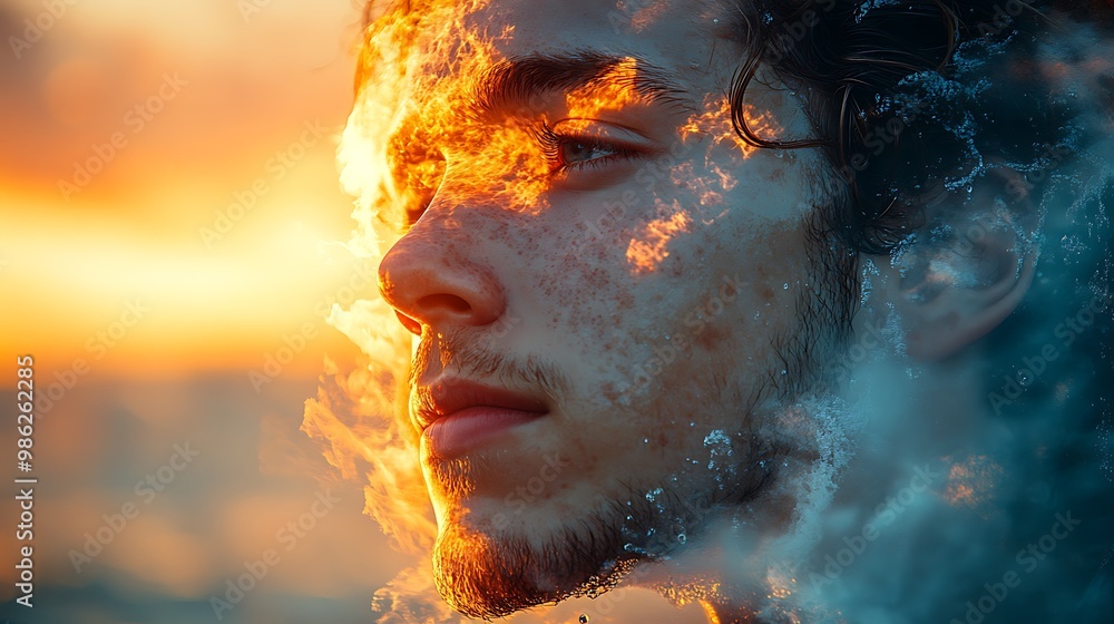 A man's face is partially obscured by a fiery and ethereal cloud, symbolizing inner strength and passion. A man's face is partially obscured by a fiery and ethereal cloud, symbolizing inner strength and passion.
