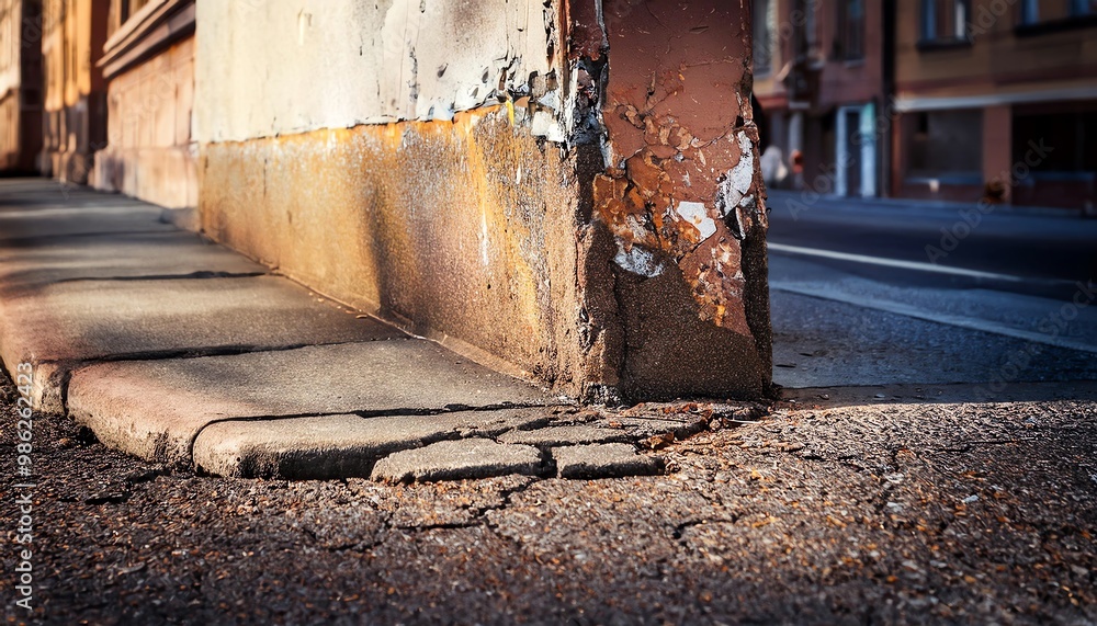 An urban corner showcasing a weathered wall and cracked pavement, highlighting signs of aging and deterioration. An urban corner showcasing a weathered wall and cracked pavement, highlighting signs of aging and deterioration.