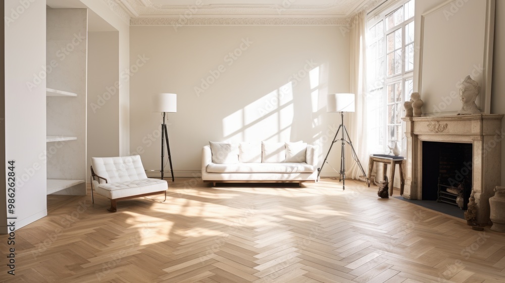 Fototapeta premium A spacious, minimalist living room bathed in natural sunlight, featuring stylish furniture and a serene atmosphere.