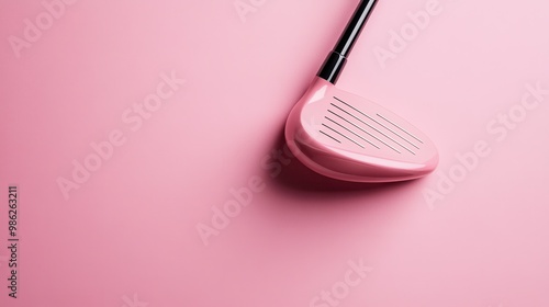 A detailed close-up of a pink golf club head resting on a vibrant pink background, capturing the sleek design and appeal of modern golfing equipment in a creative setting. photo