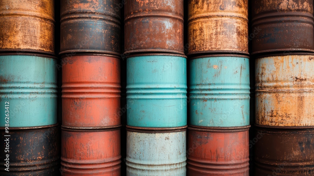 An arrangement of stacked colorful rusty oil barrels, presenting an industrial vintage charm, with vibrant hues and aged textures that tell a story of time and use. An arrangement of stacked colorful rusty oil barrels, presenting an industrial vintage charm, with vibrant hues and aged textures that tell a story of time and use.