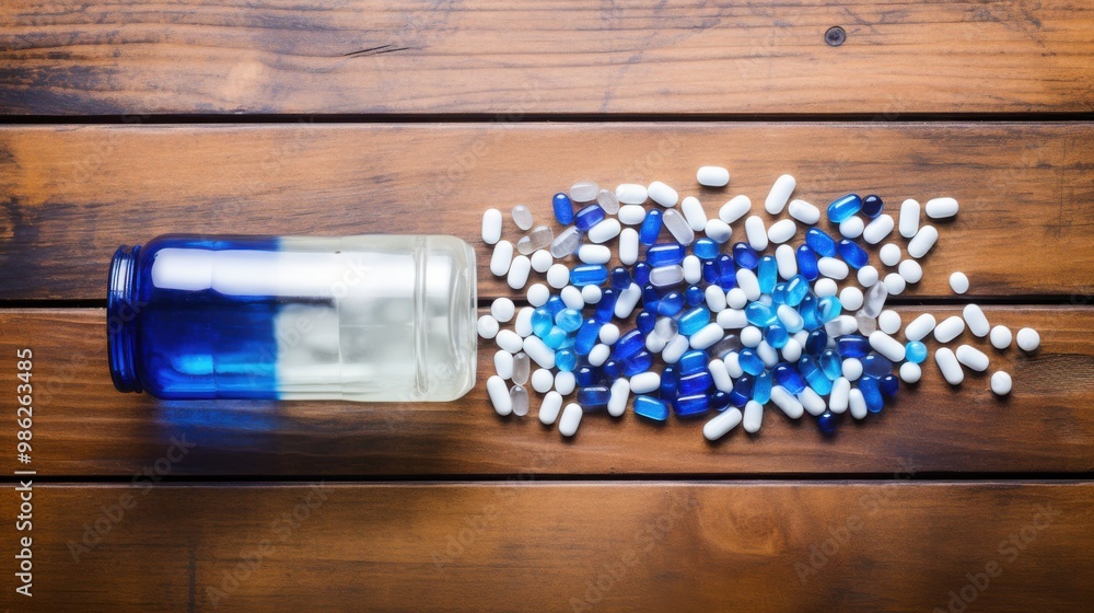 A spilled bottle of medication pills scatter across a wooden surface, representing health, medicine, and pharmaceuticals. A spilled bottle of medication pills scatter across a wooden surface, representing health, medicine, and pharmaceuticals.