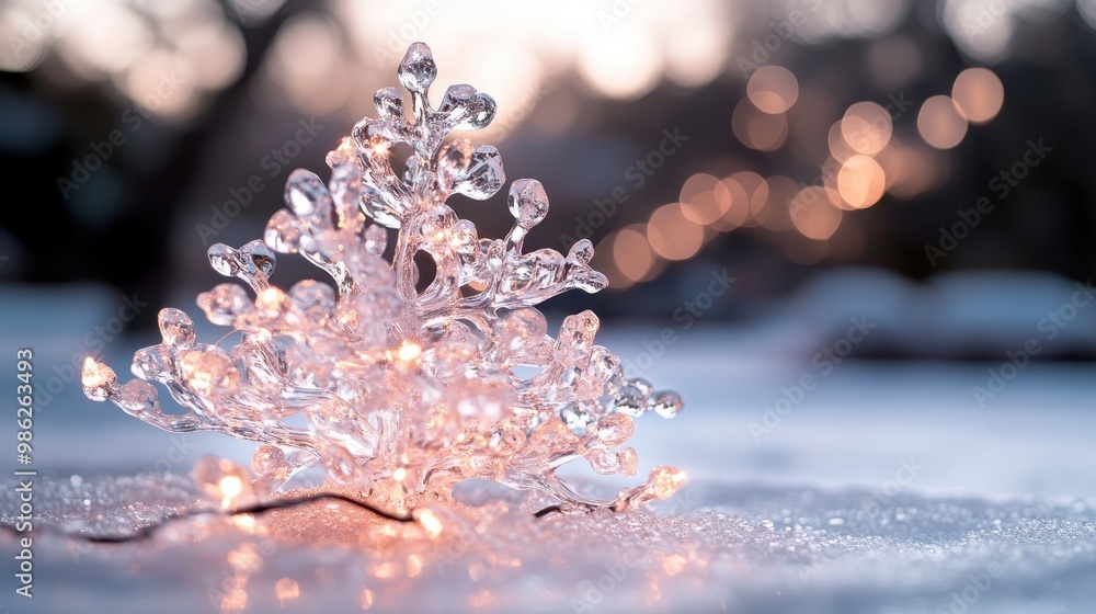 A brightly lit crystal tree with intricate branches radiates a warm golden glow on a snow-covered ground, embodying festive spirit and the magic of winter celebrations. A brightly lit crystal tree with intricate branches radiates a warm golden glow on a snow-covered ground, embodying festive spirit and the magic of winter celebrations.