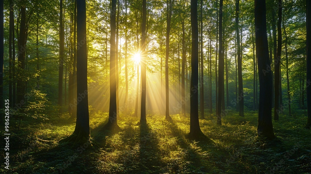 Fototapeta premium Sunlight Streaming Through Dense Forest Canopy